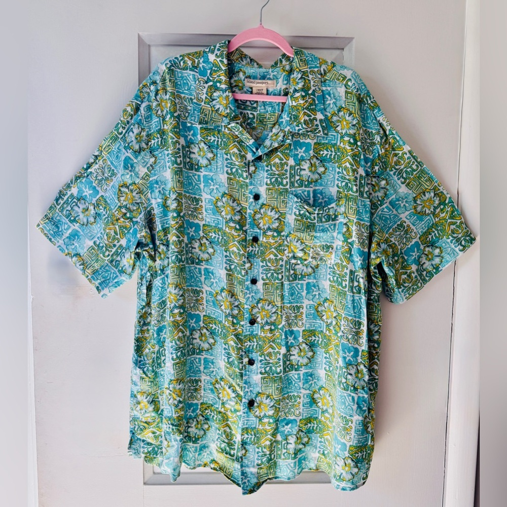 VINTAGE Island Passport Blue and Green Tropical Patterned Men's Shirt